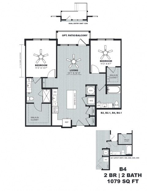 Floor plan for 2 beds, 2 baths, 1079 sqft
